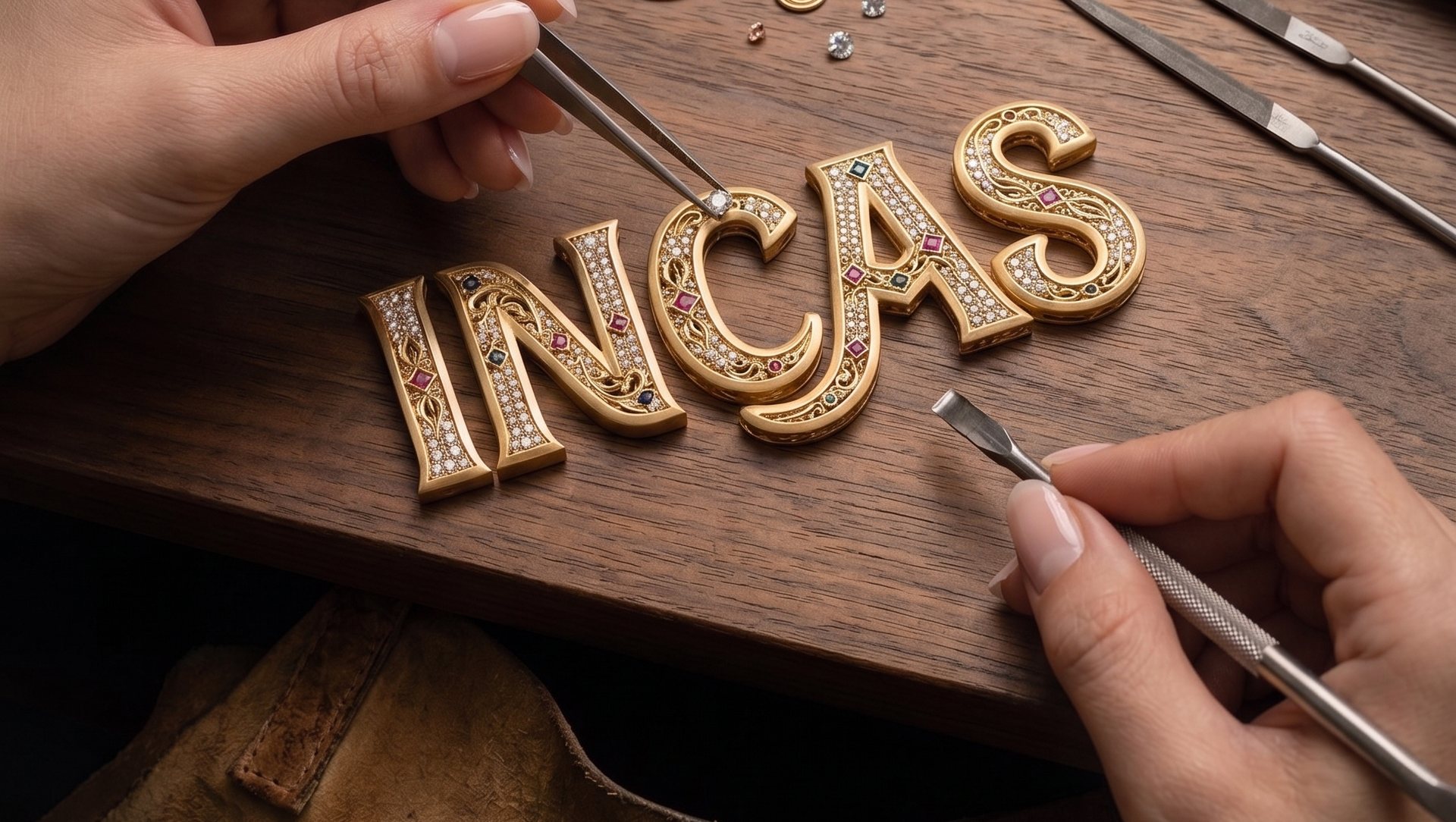 Mãos revelando a palavra INCAS em uma escavação